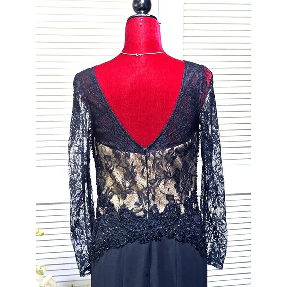 MGNY Women Black Long Sleeve Lace & Beaded Gown Formal Evening Dress Sz 10 2580 - Picture 9 of 16